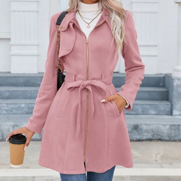 Pink Preppy Womens  Zip Up Belted Coat - Picture 5 of 6